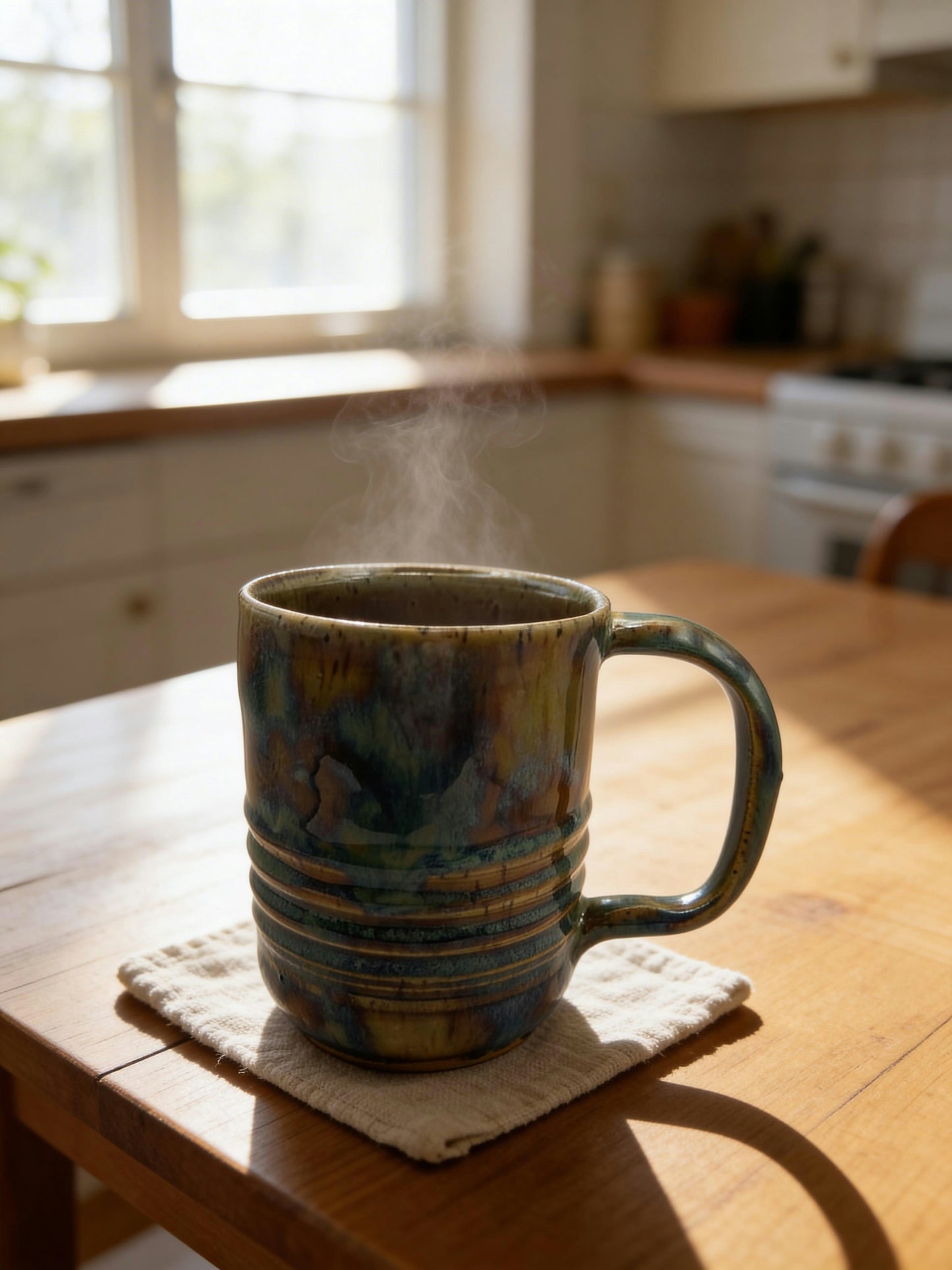 A Handmade Ribbed Stoneware Mug – Dramatic Mixed Glaze by Gin
