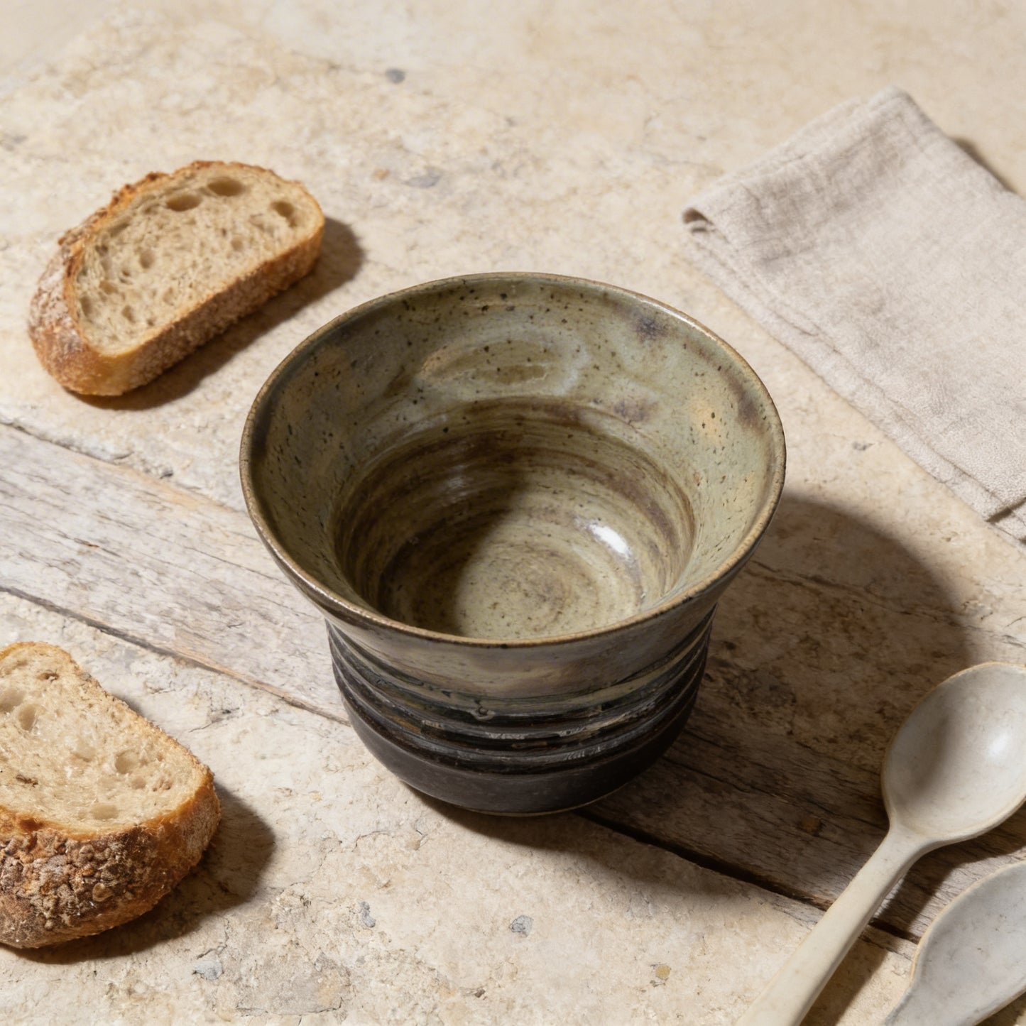 Hand-Thrown Stoneware Bowl in Moody Speckled Olive & Earthy Brown Glaze by Gin