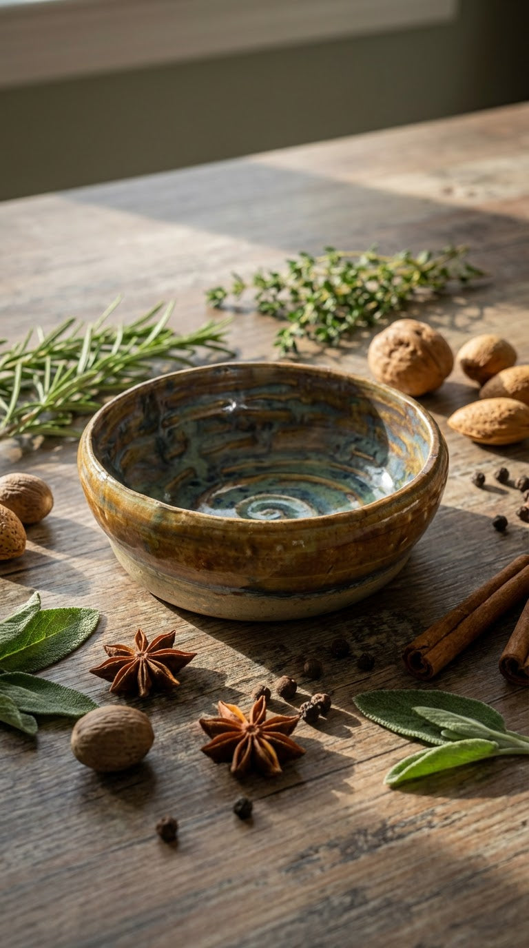 A Small Handcrafted Ceramic Bowl with Mesmerizing Swirl Glaze