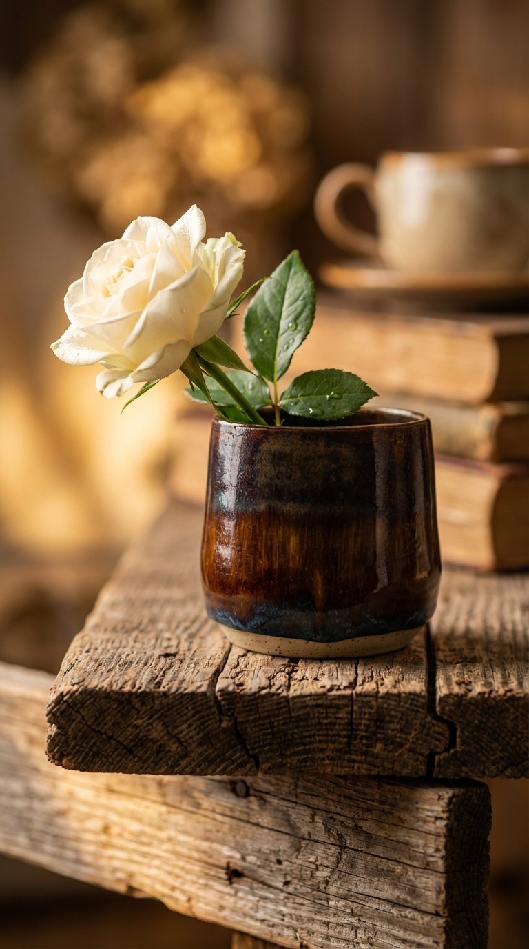 Handcrafted Moody Brown & Amber Stoneware Vessel (Decorative Only) by Gin