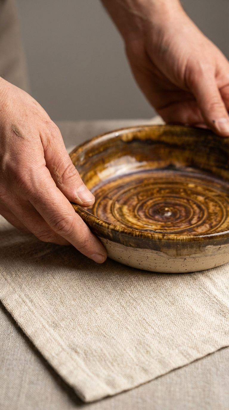Hand-Thrown Shallow Stoneware Bowl in Swirling Earth Glaze by Gin