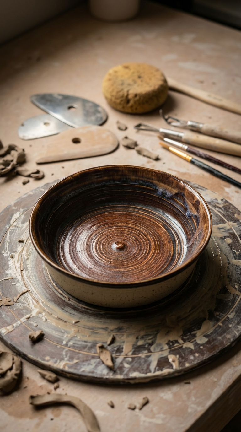 Hand-Thrown Shallow Stoneware Bowl in Rich Brown Spiral with Blue Rim Bands by Gin
