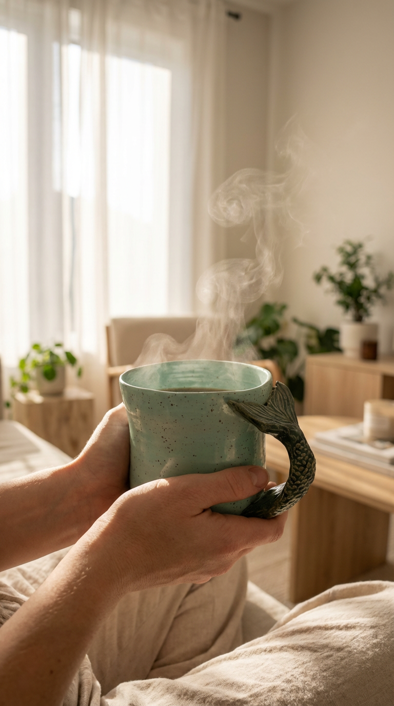 A Handmade Sculptural Mermaid Tail Mug – Seafoam Speckled Glaze by Gin