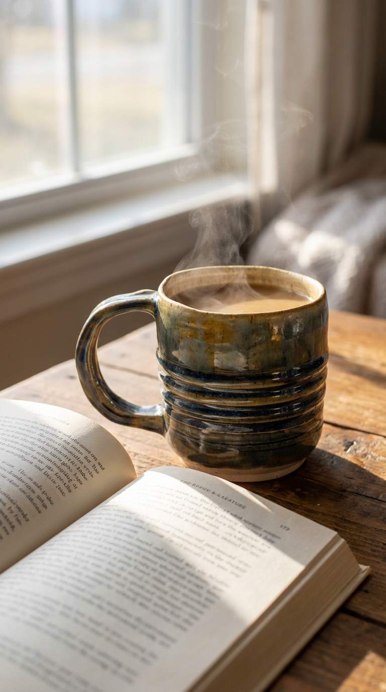 Hand-thrown Ribbed Stoneware Mug in Ocean Blues & Warm Amber by Gin