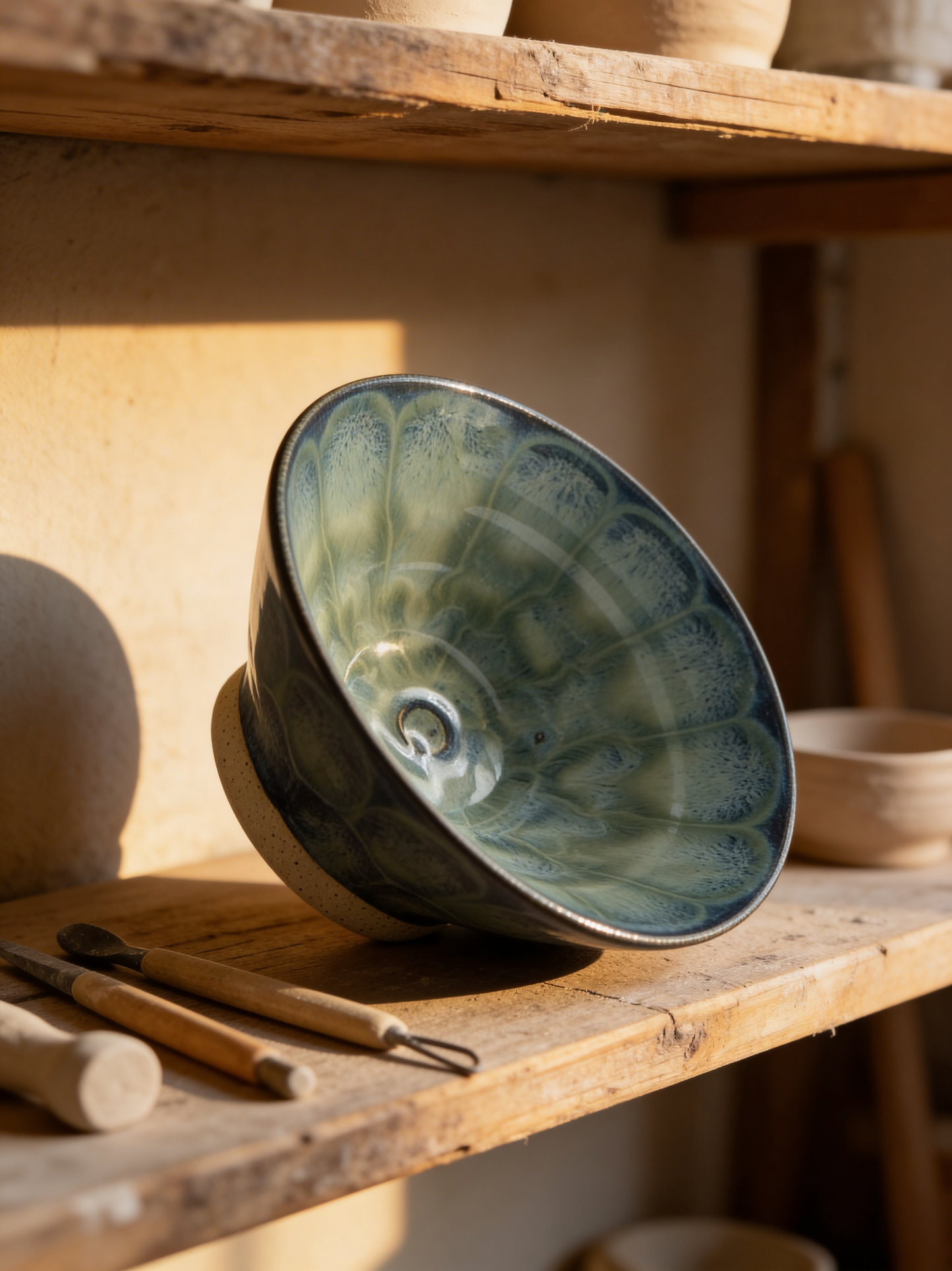 Handmade Raman Bowl in Deep Blue-Green Glaze – Organic Petal Pattern by Gin