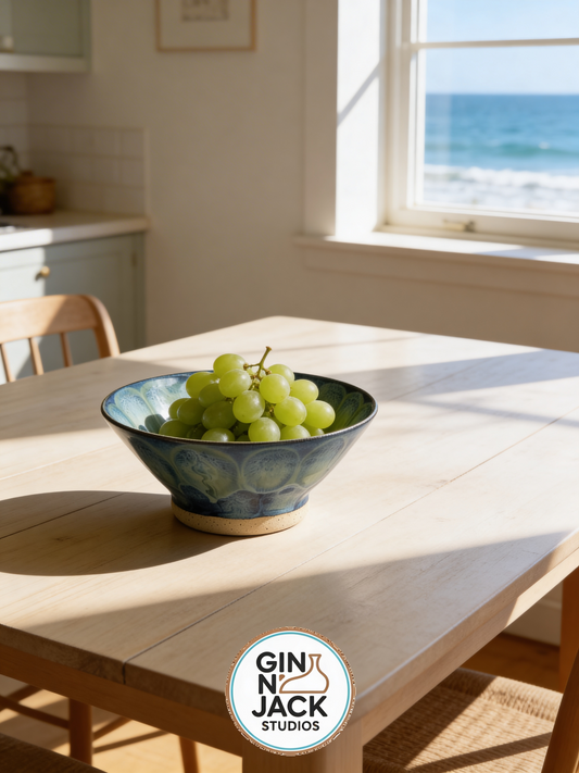 Handmade Raman Bowl in Deep Blue-Green Glaze – Organic Petal Pattern by Gin