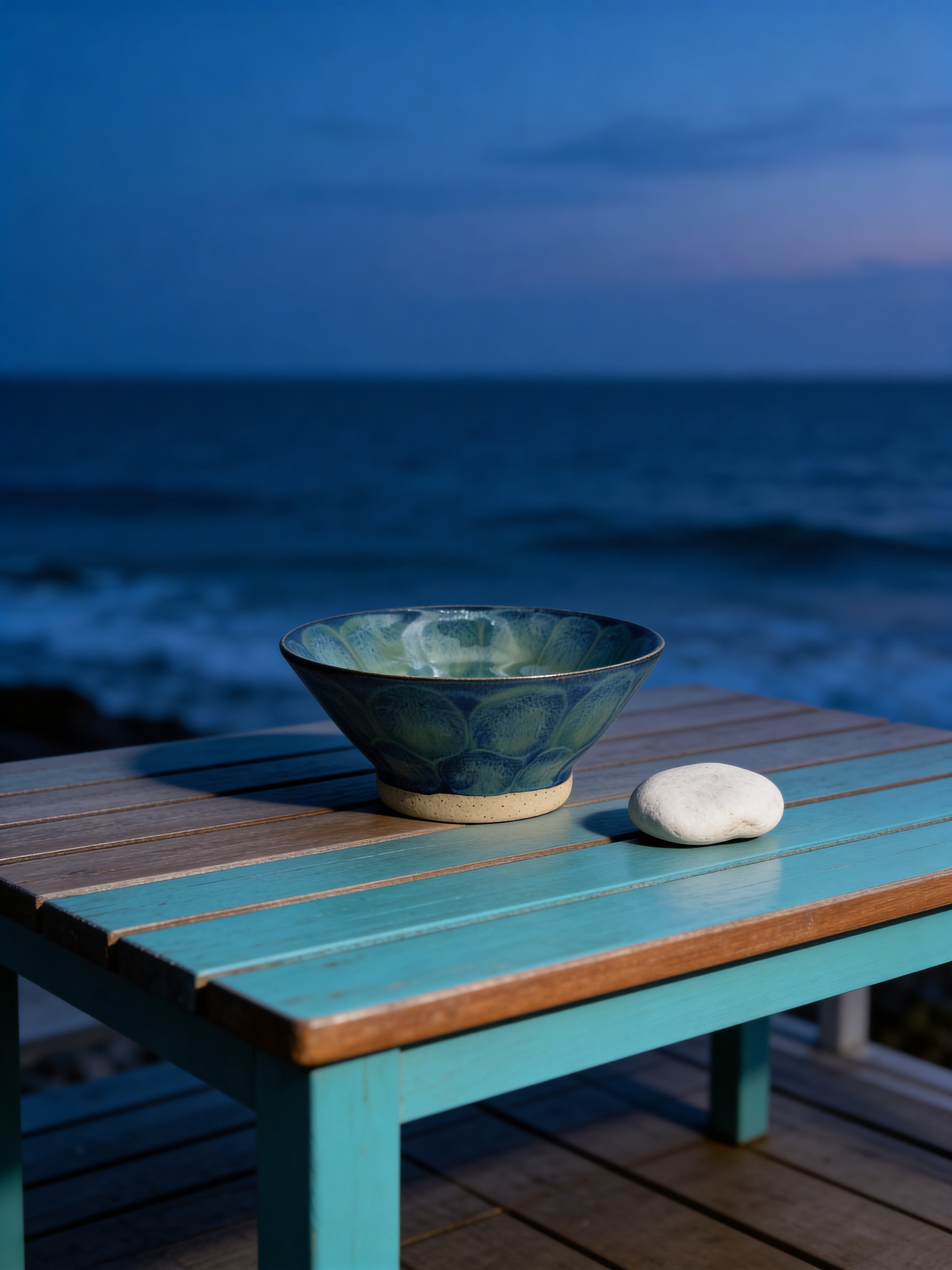 Handmade Raman Bowl in Deep Blue-Green Glaze – Organic Petal Pattern by Gin