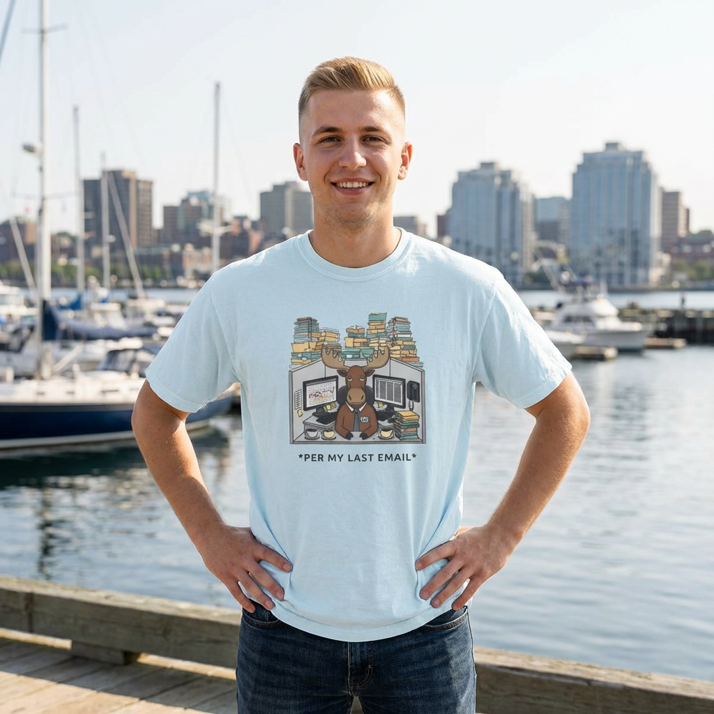 Per My Last Email Moose T-Shirt — Garment-Dyed Office Humor Tee Designed by Jack