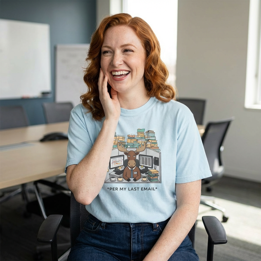 Per My Last Email Moose T-Shirt — Garment-Dyed Office Humor Tee Designed by Jack