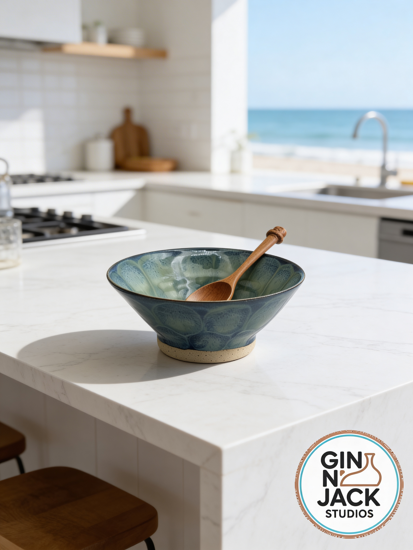 Handmade Raman Bowl in Deep Blue-Green Glaze – Organic Petal Pattern by Gin