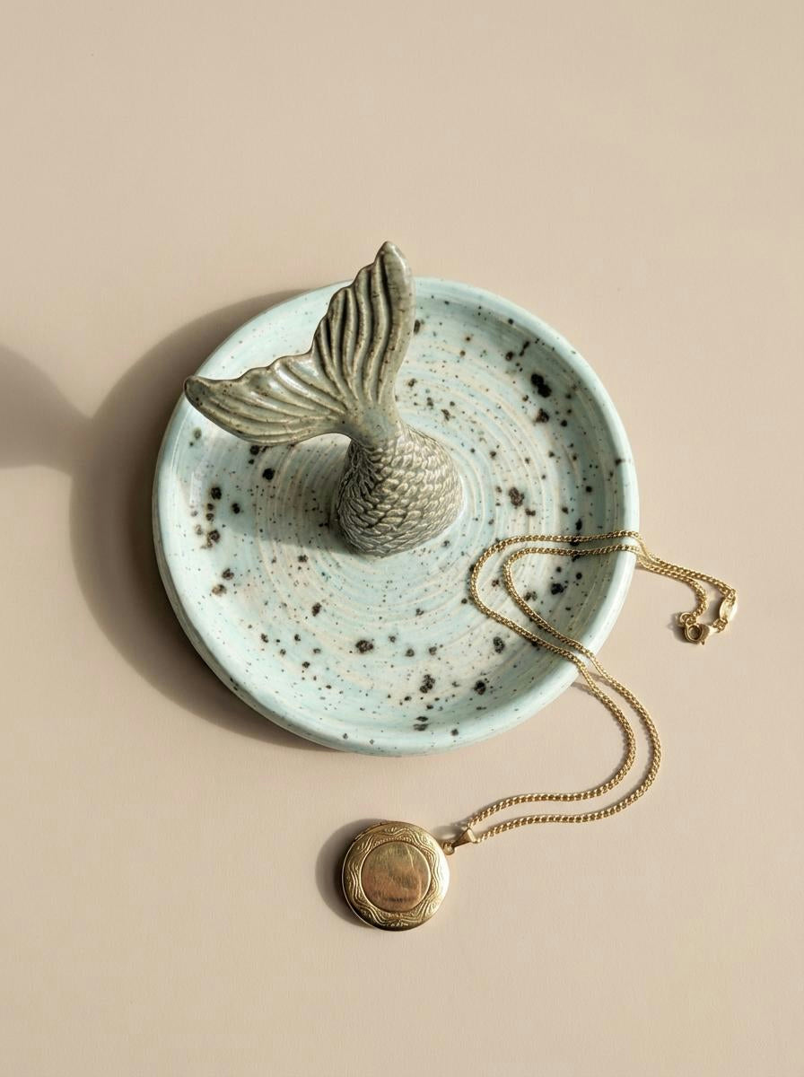 A *Discounted - Cosmetic issue* Whimsical Mermaid Tail Jewelry Dish – Handmade Seafoam Ceramic Trinket Tray by Gin