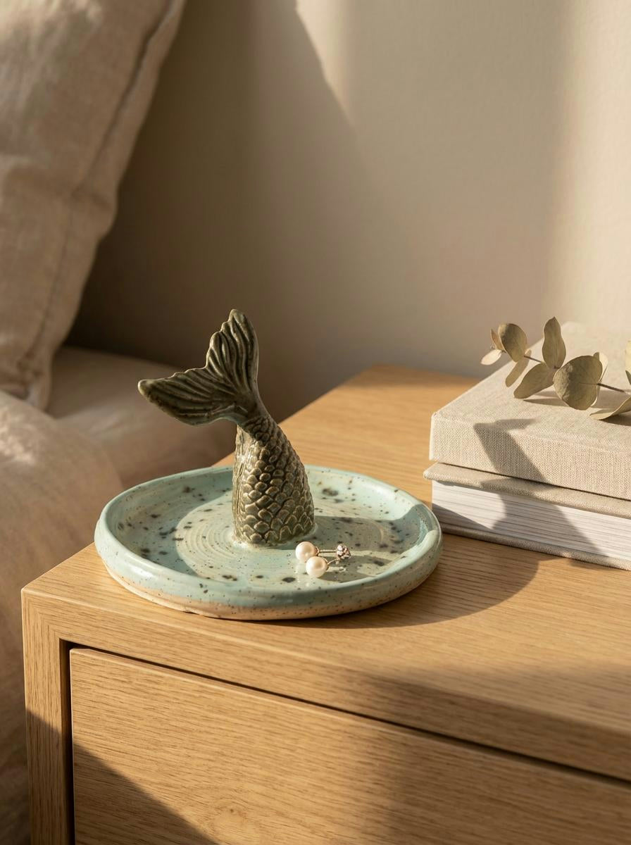A *Discounted - Cosmetic issue* Whimsical Mermaid Tail Jewelry Dish – Handmade Seafoam Ceramic Trinket Tray by Gin