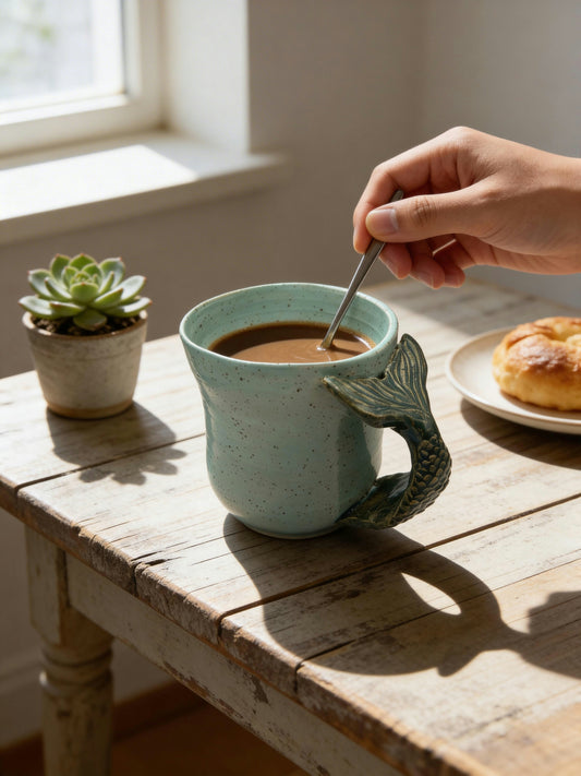 A Handmade Sculptural Mermaid Tail Mug – Seafoam Speckled Glaze by Gin