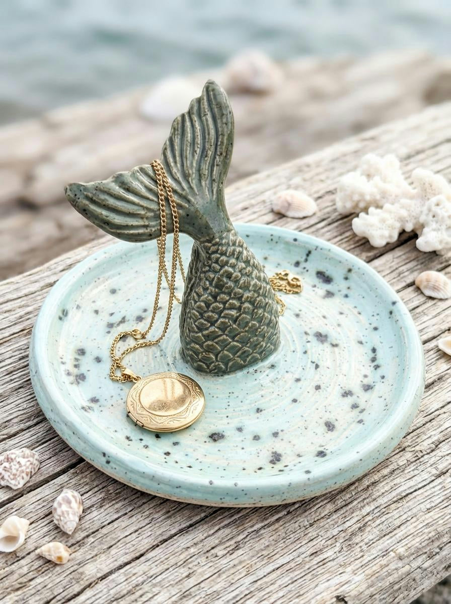 A *Discounted - Cosmetic issue* Whimsical Mermaid Tail Jewelry Dish – Handmade Seafoam Ceramic Trinket Tray by Gin