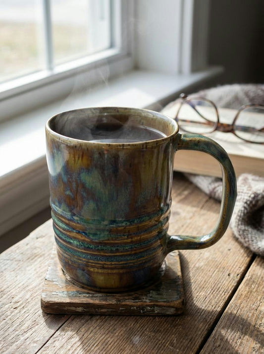 A Handmade Ribbed Stoneware Mug – Dramatic Mixed Glaze by Gin