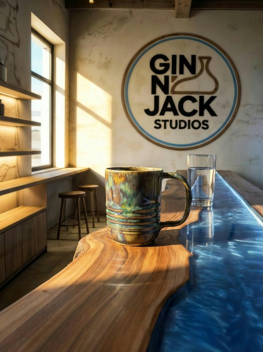A Handmade Ribbed Stoneware Mug – Dramatic Mixed Glaze by Gin