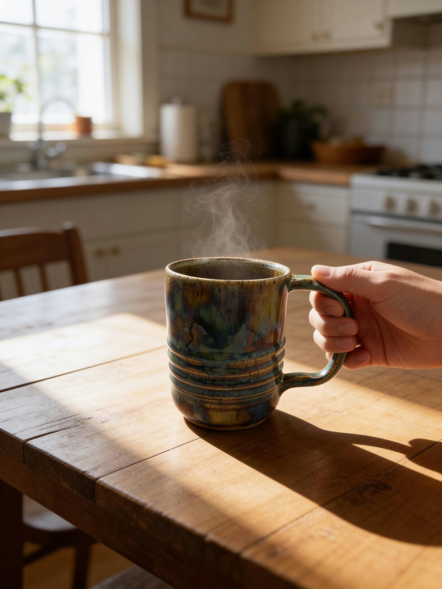 A Handmade Ribbed Stoneware Mug – Dramatic Mixed Glaze by Gin