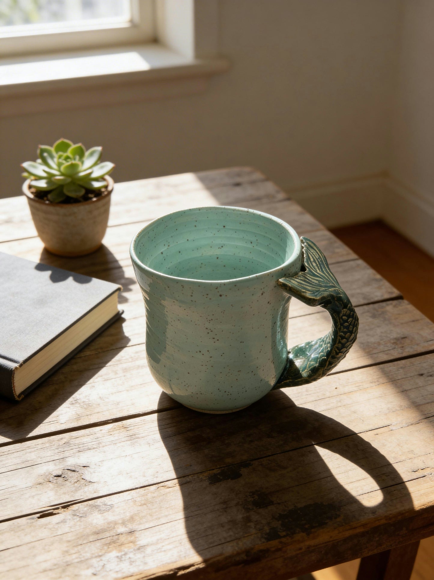 A Handmade Sculptural Mermaid Tail Mug – Seafoam Speckled Glaze by Gin