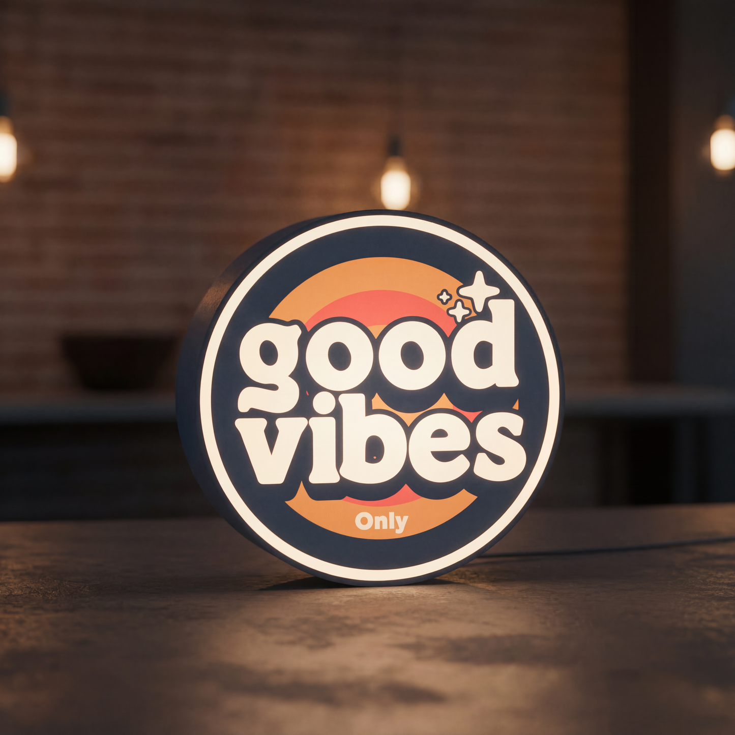 Decorative sign with 'good vibes only' text on a wooden surface with a warm, blurred background.