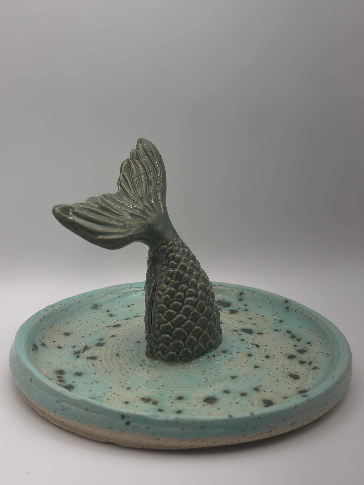 A *Discounted - Cosmetic issue* Whimsical Mermaid Tail Jewelry Dish – Handmade Seafoam Ceramic Trinket Tray by Gin