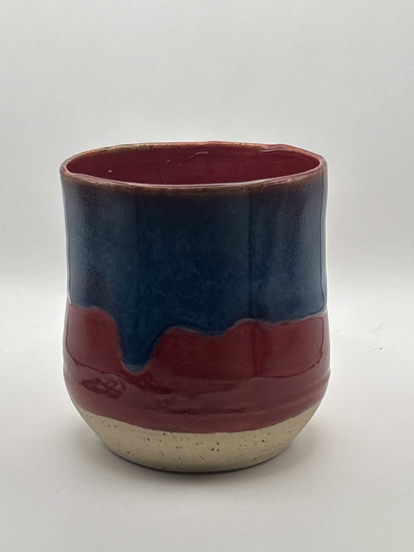 Handmade Ceramic Tumbler – Red & Blue Drip Glaze by Gin