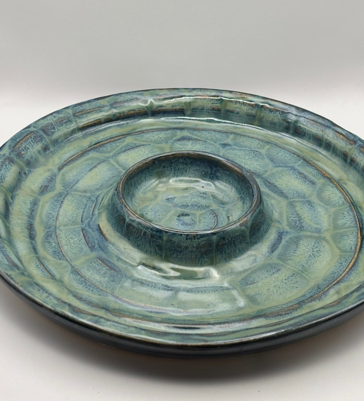 Handcrafted Ceramic Platter with Raised Center Bowl – Glossy Blue-Green Glaze by Gin