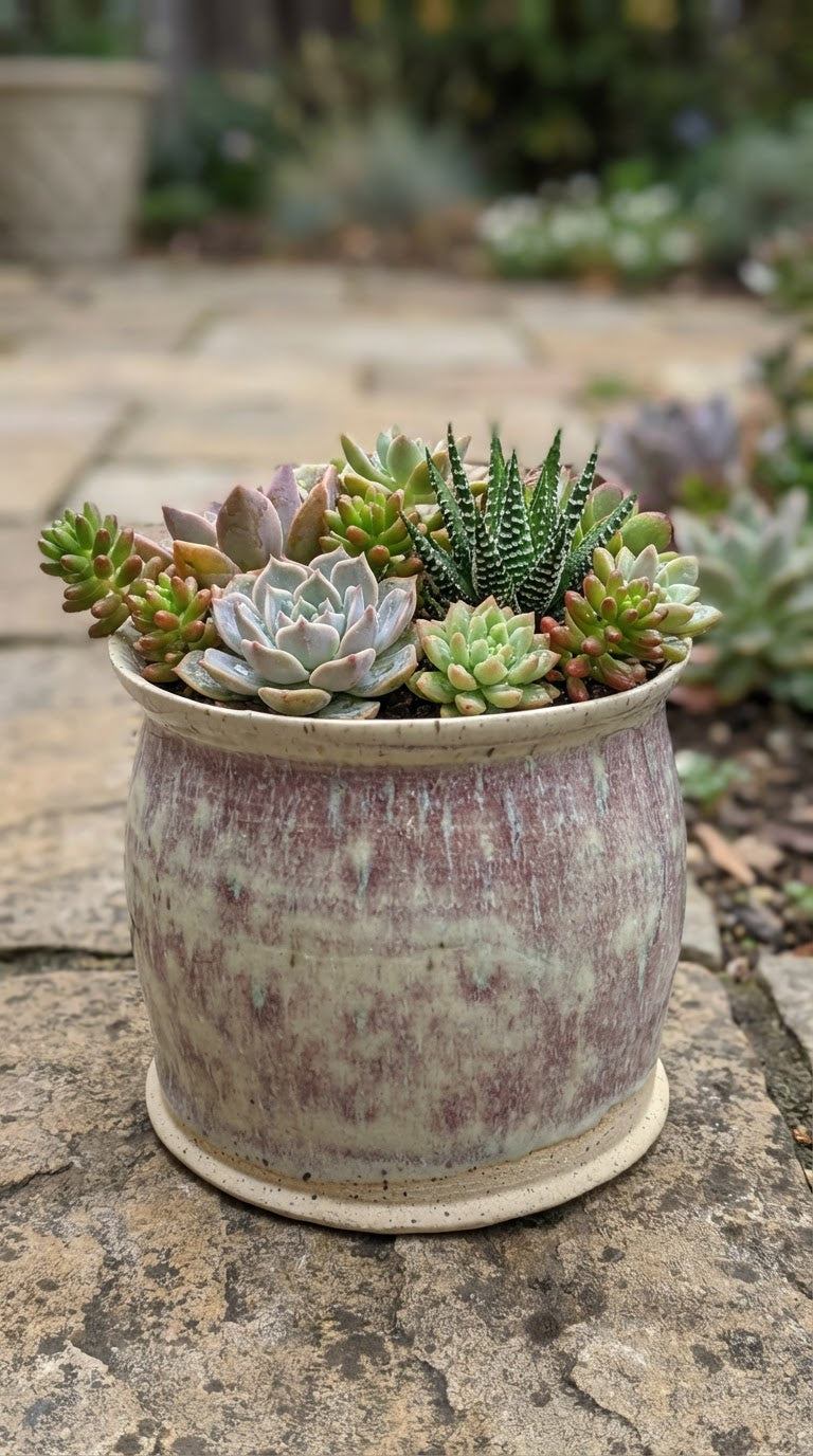 Handmade stoneware planter filled with live succulents on stone patio in garden
