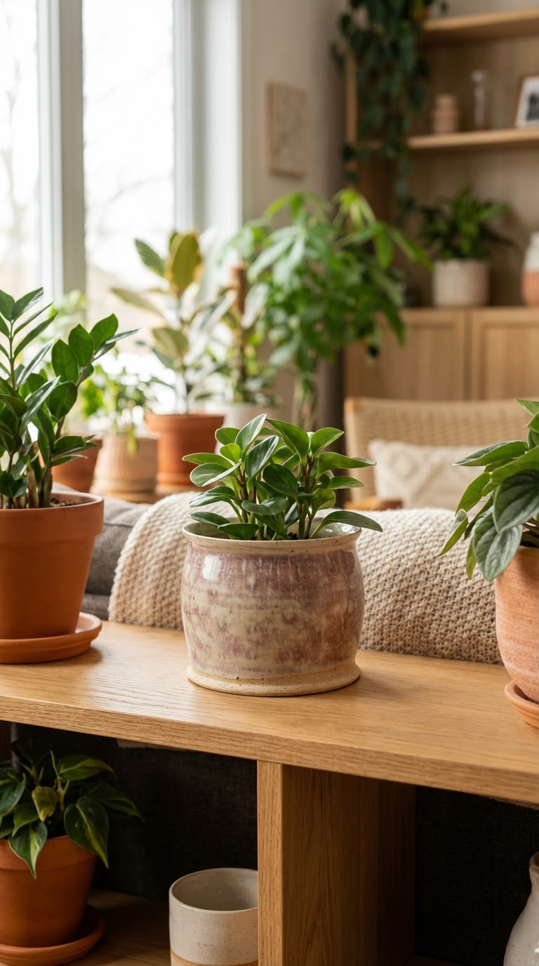 Rustic ceramic planter styled with ferns, succulents and ivy on wooden surface – Gin Ceramics