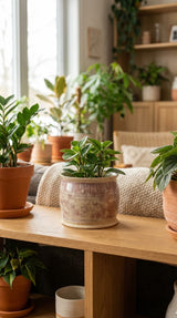 Rustic ceramic planter styled with ferns, succulents and ivy on wooden surface – Gin Ceramics