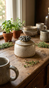 Rustic speckled ceramic trinket jar with succulent lid on wooden table surrounded by fresh herbs and pottery