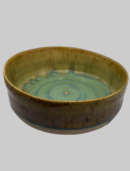 A Hand-Thrown Shallow Stoneware Serving Bowl – Olive & Turquoise Swirl