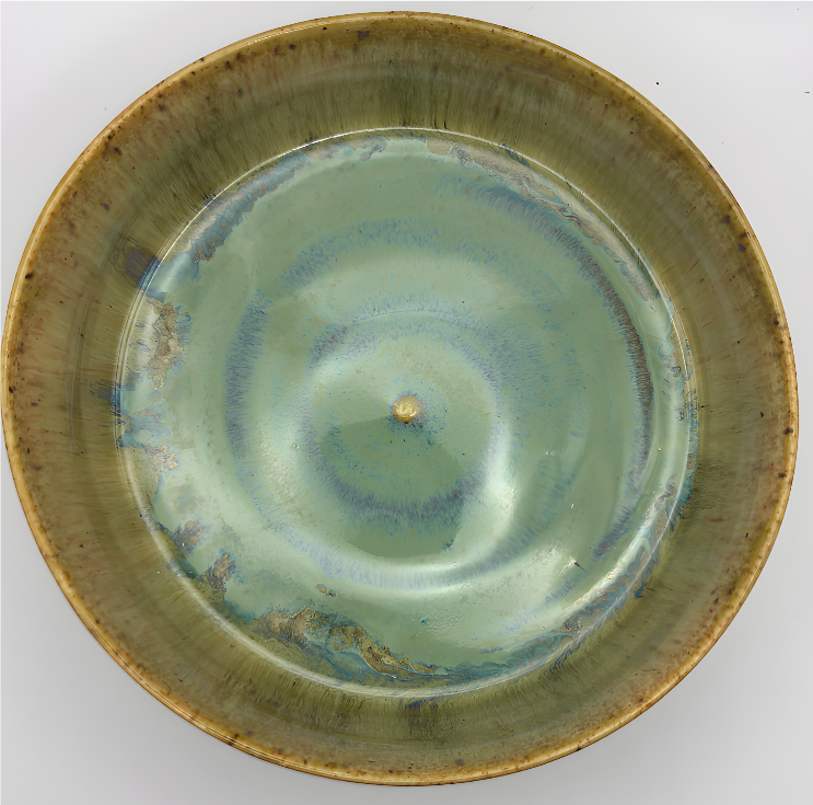 A Hand-Thrown Shallow Stoneware Serving Bowl – Olive & Turquoise Swirl
