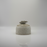 Close-up of sculptural succulent knob lid on cream speckled ceramic lidded jar
