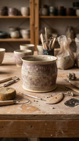 Handmade ceramic planter on wooden pottery workbench surrounded by tools and other stoneware
