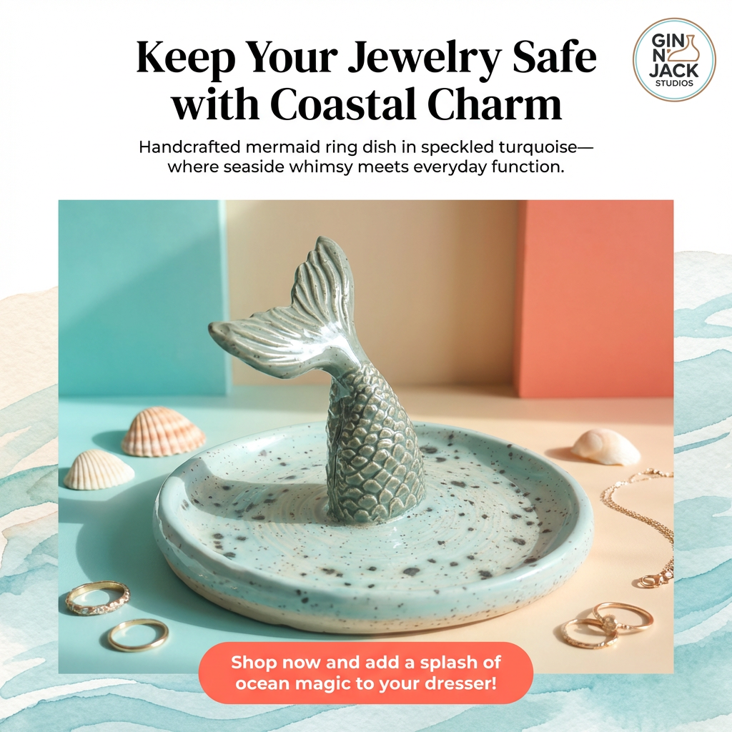 A *Discounted - Cosmetic issue* Whimsical Mermaid Tail Jewelry Dish – Handmade Seafoam Ceramic Trinket Tray by Gin