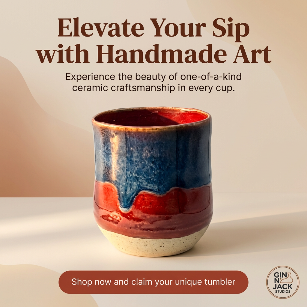 Handmade Ceramic Tumbler – Red & Blue Drip Glaze by Gin