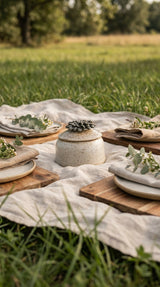 Handmade ceramic lidded jar with succulent knob on outdoor picnic blanket with plates and eucalyptus