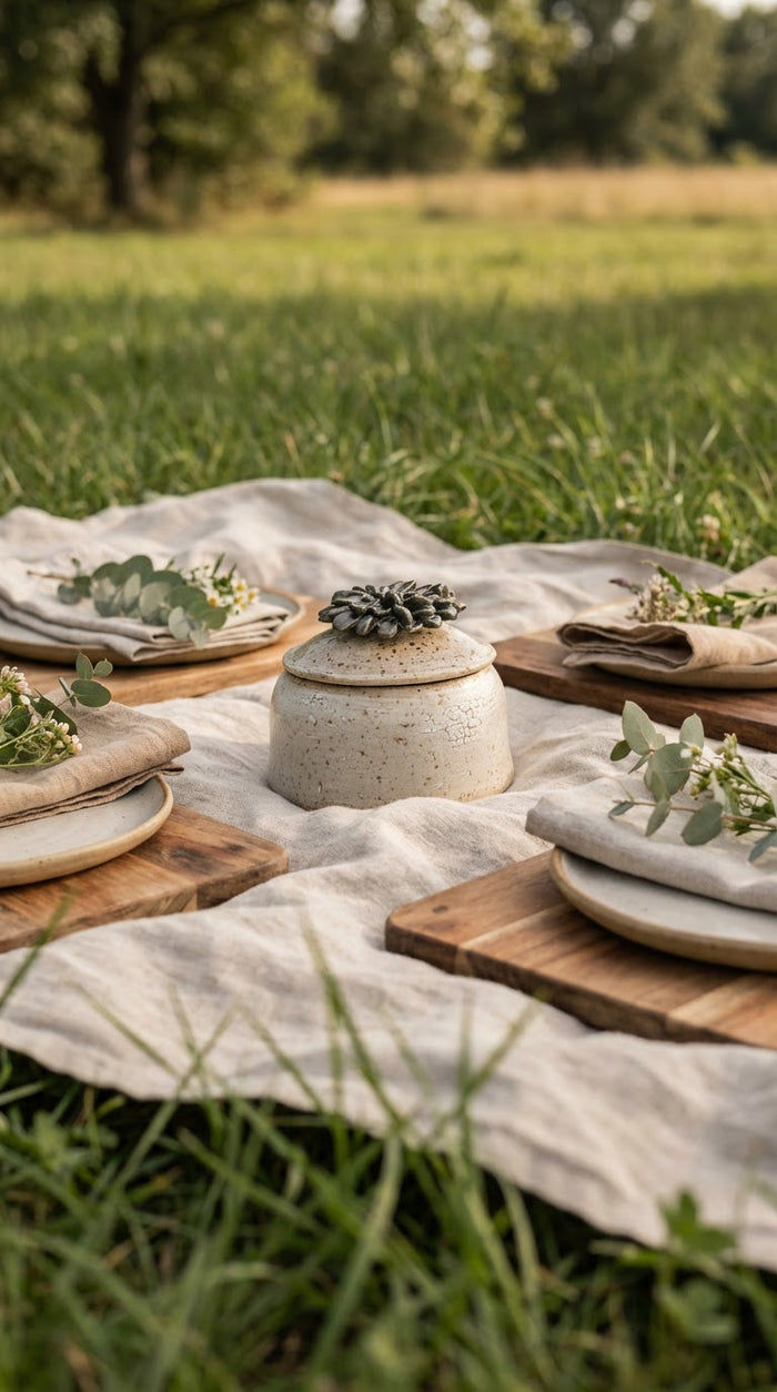 Handmade ceramic lidded jar with succulent knob on outdoor picnic blanket with plates and eucalyptus detail