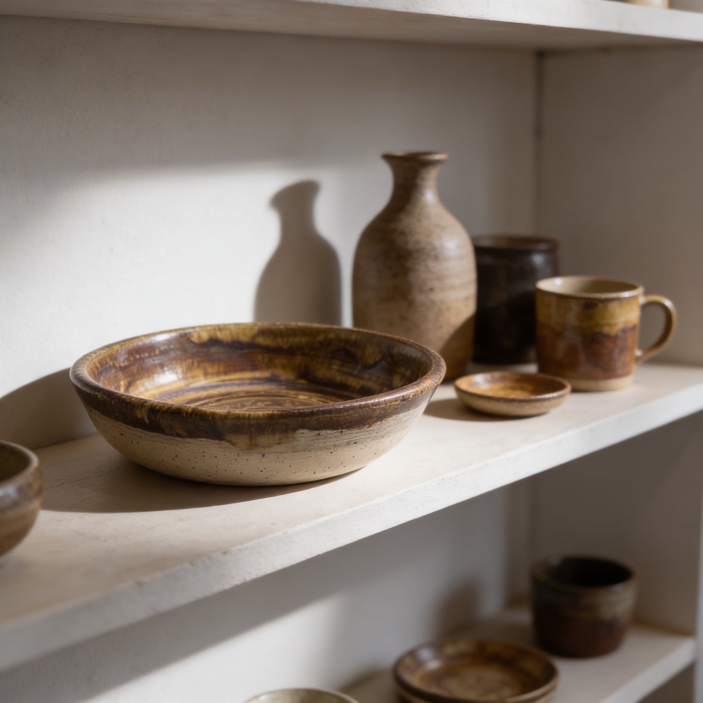 Hand-Thrown Shallow Stoneware Bowl in Swirling Earth Glaze by Gin