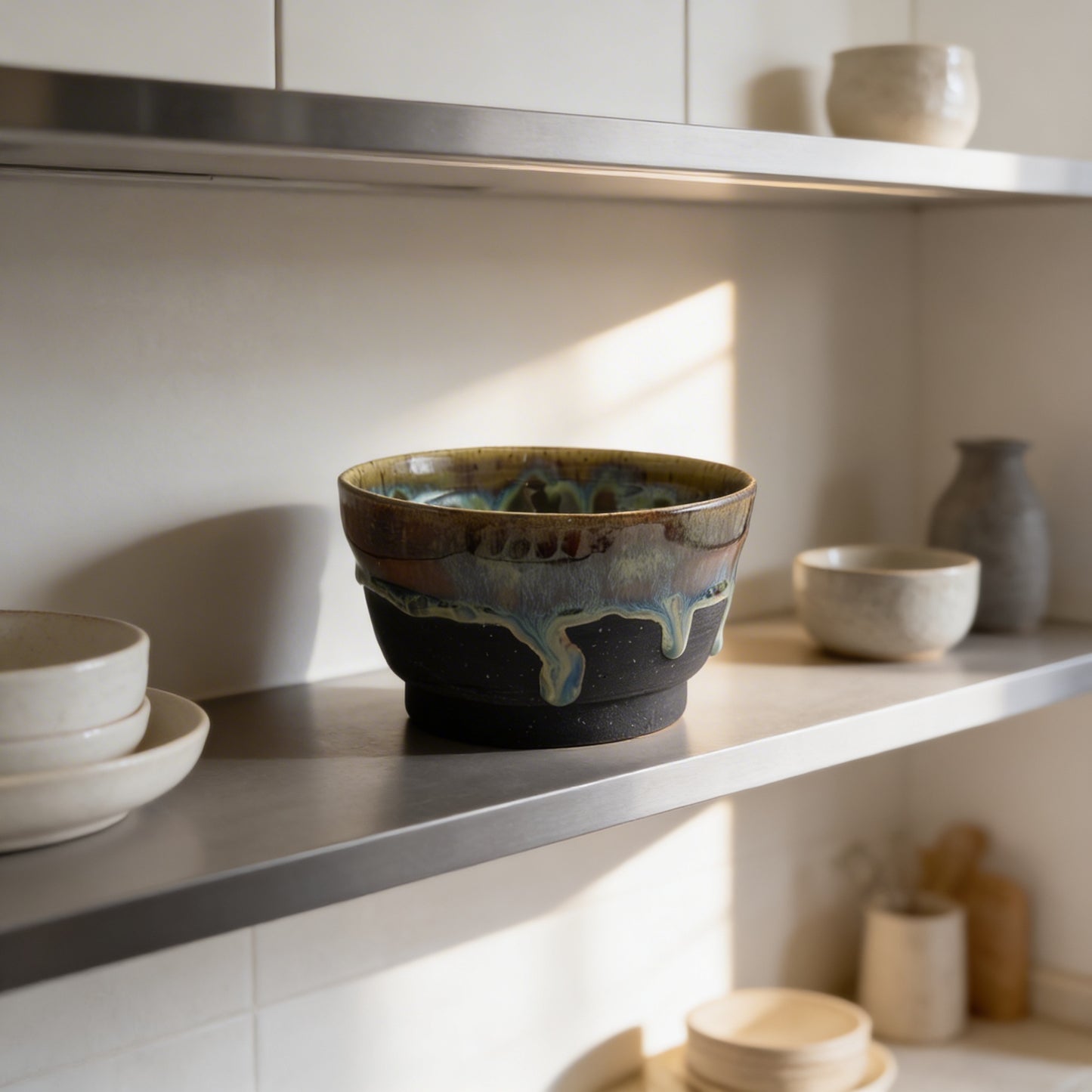Hand-Thrown Stoneware Bowl in Dramatic Dripping Colors & Black Glaze by Gin
