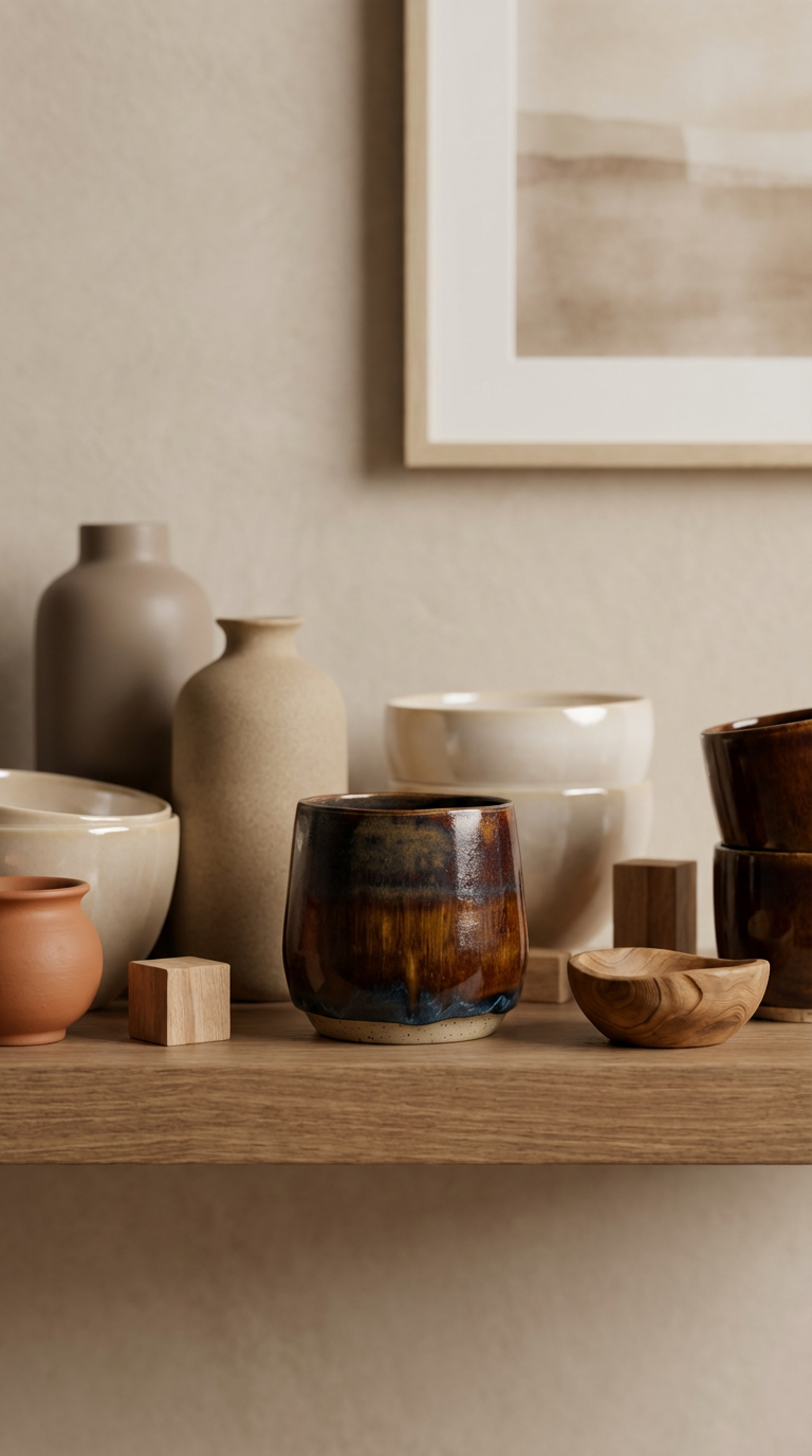 Handcrafted Moody Brown & Amber Stoneware Vessel (Decorative Only) by Gin