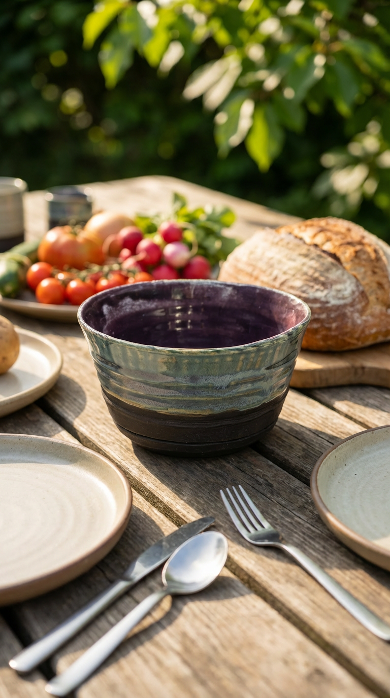 Hand-Thrown Stoneware Bowl in Layered Purple & Teal by Gin