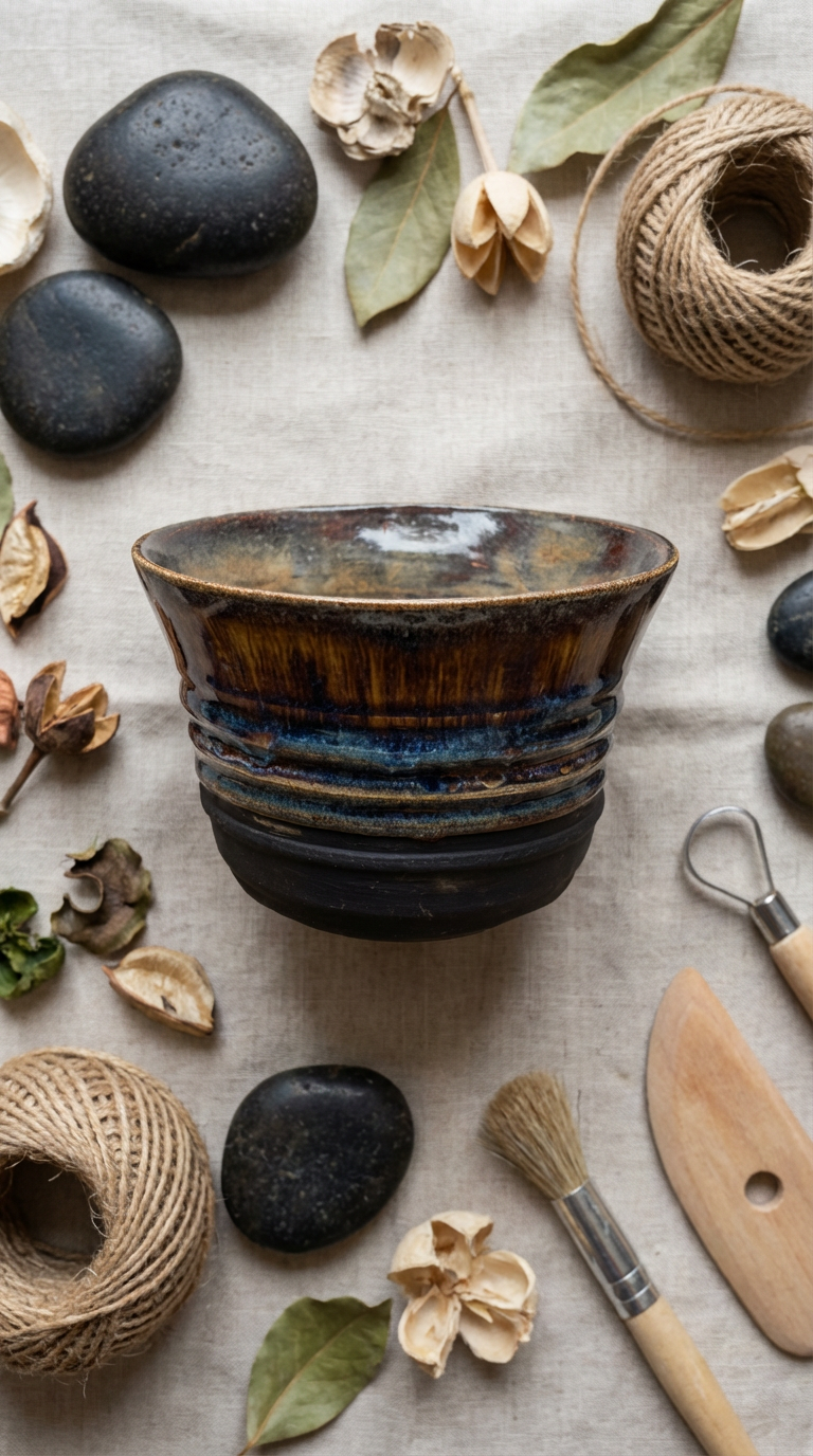 Hand-Thrown Stoneware Planter in Moody Brown & Blue Glaze