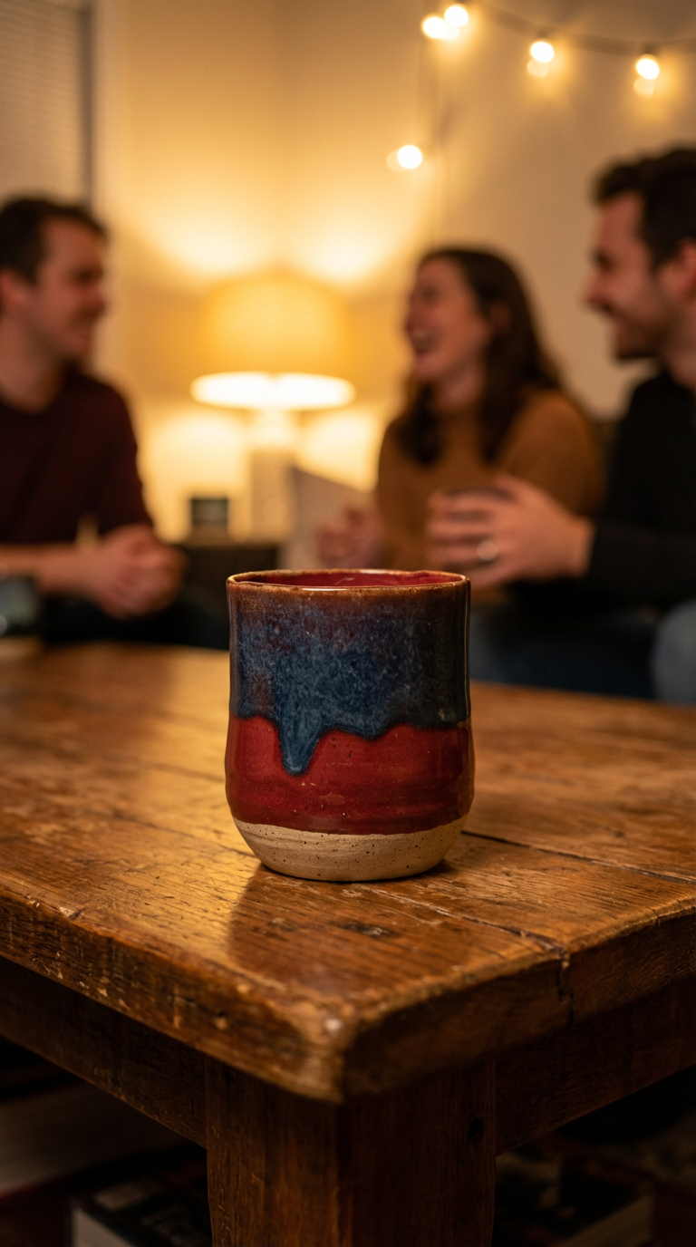 Handmade Ceramic Tumbler – Red & Blue Drip Glaze by Gin