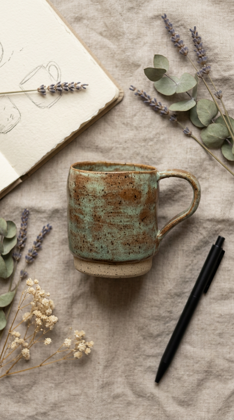 Handmade Speckled Stoneware Mug in Soft Teal and Earthy Browns by Gin