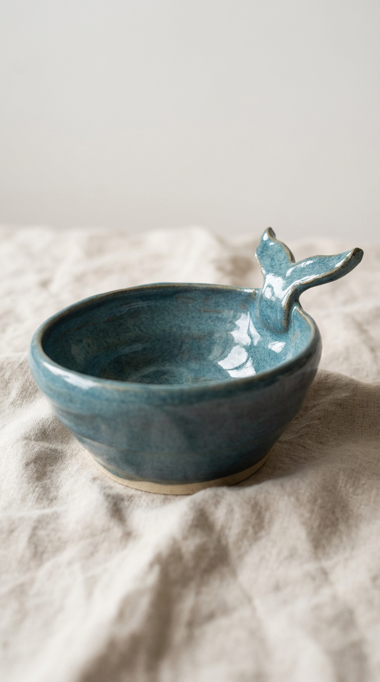 Handmade Whale Tail Ceramic Bowl – Deep Teal Blue Stoneware by Gin