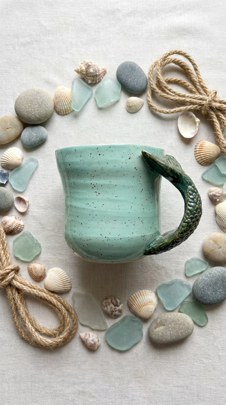 A Handmade Sculptural Mermaid Tail Mug – Seafoam Speckled Glaze by Gin