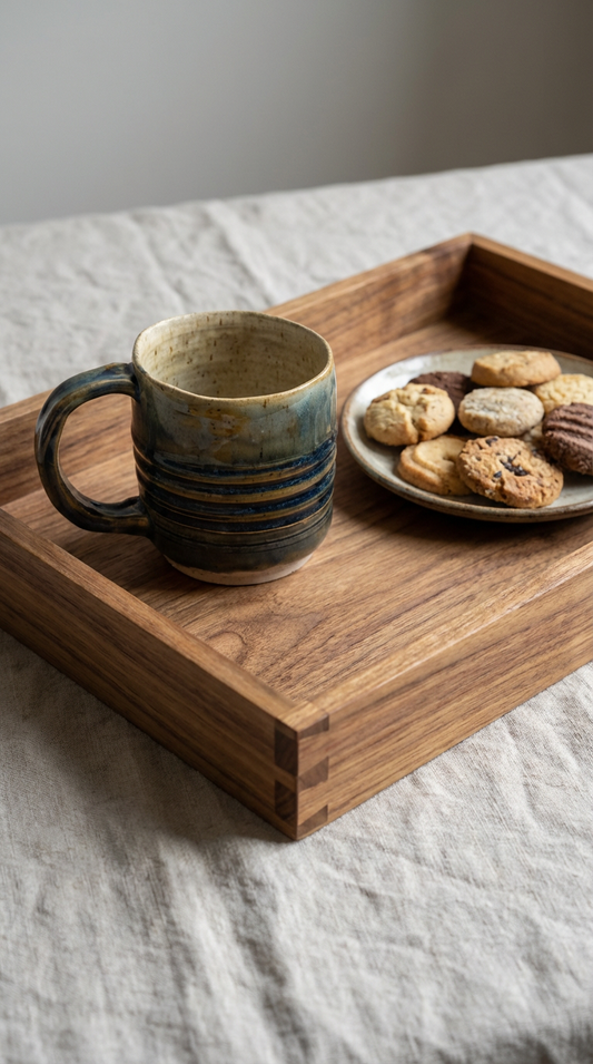 Hand-thrown Ribbed Stoneware Mug in Ocean Blues & Warm Amber by Gin