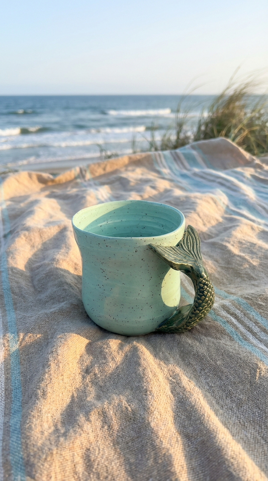 A Handmade Sculptural Mermaid Tail Mug – Seafoam Speckled Glaze by Gin
