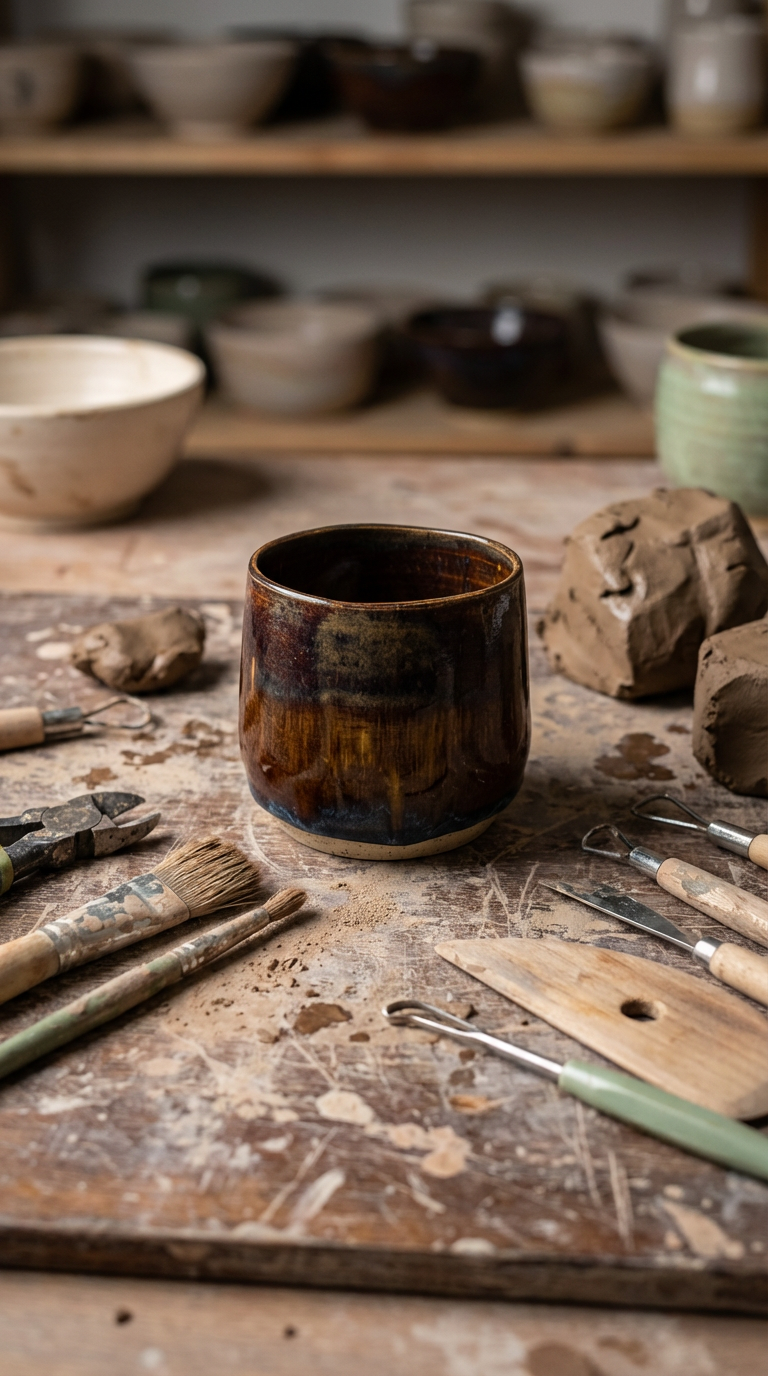 Handcrafted Moody Brown & Amber Stoneware Vessel (Decorative Only) by Gin